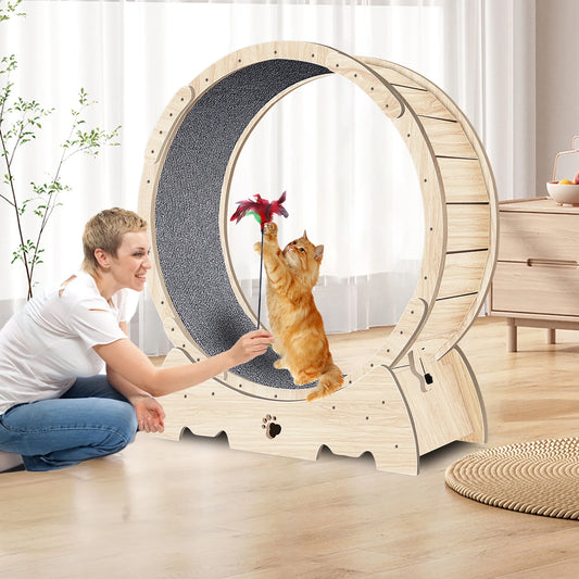 Cat Exercise Wheel, Cat Treadmill Wheel with Carpeted Runway for Daily Exercise, 37" Natural Wood Color