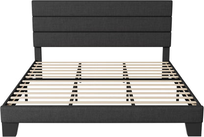 King Bed Frame Platform Bed with Fabric Upholstered Headboard and Wooden Slats Support, Fully Upholstered Mattress Foundation/No Box Spring Needed/Easy Assembly, Dark Grey