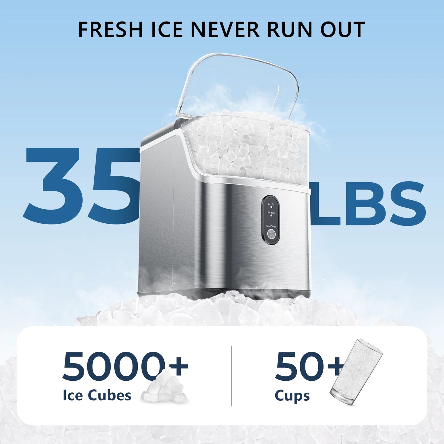 Nugget Ice Maker Countertop, Portable Ice Maker Machine with Self-Cleaning Function, 35Lbs/Day, Soft Chewable Pellet Ice, Silver