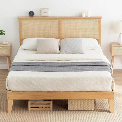 Bed Frame Queen with Natural Rattan Headboard,Queen Bed Frame with LED Lights,Rattan Queen Bed Frame with Headboard,Solid Wood