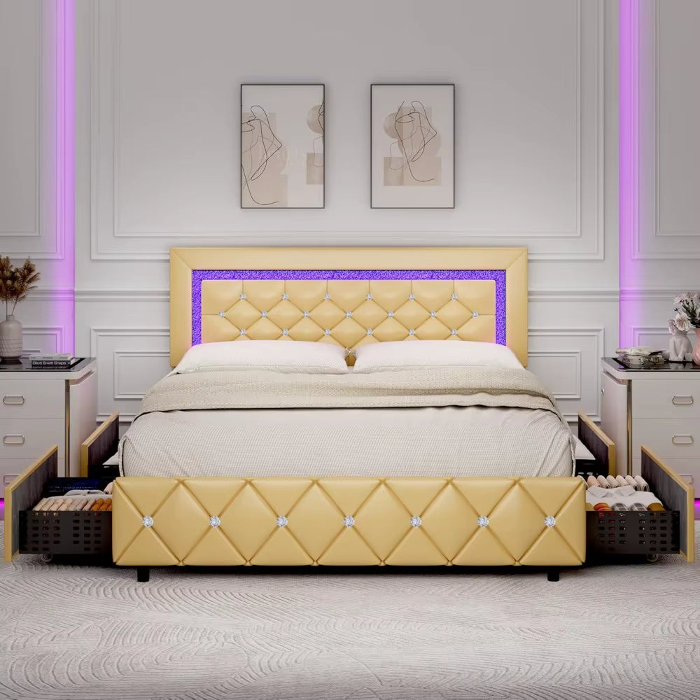 Queen Bed Frame with LED Lights, Upholstered Bed Frame with 4 Drawers, Modern Platform Bed with Crystal Headboard and Footboard.