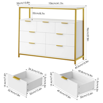 7 Drawer Dresser for Bedroom, Modern Sturdy Metal Frame Wood Storage Cabinet with Display Shelf for Living Room, White Gold