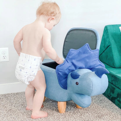 15-In. Seat Height Blue Triceratops Dinosaur Animal Shape Storage Ottoman Furniture for Nursery, Bedroom, Playroom, Living Room Decor