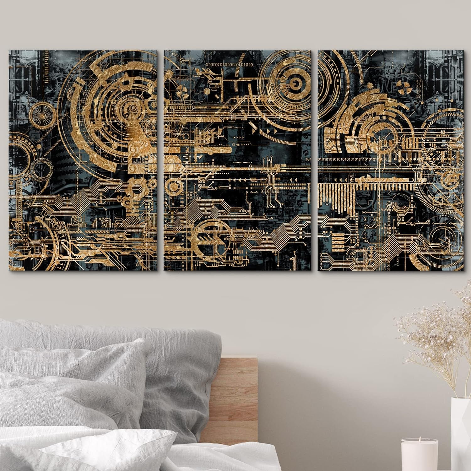 Canvas Print Wall Art Set Electronic PC Motherboard Circuit Collage Abstract Technology Digital Art Modern Art Alternative Urban Shapes for Living Room, Bedroom, Office - 16"X24"X3