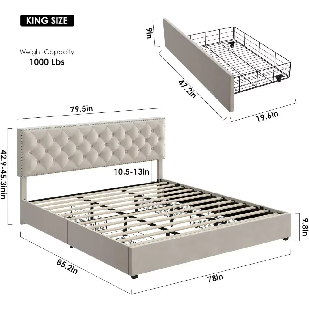 King Size Bed Frame with 4 Storage Drawers, Modern Upholstered Platform Bed with Wood Slat Support,No Box Spring Needed(Beige)