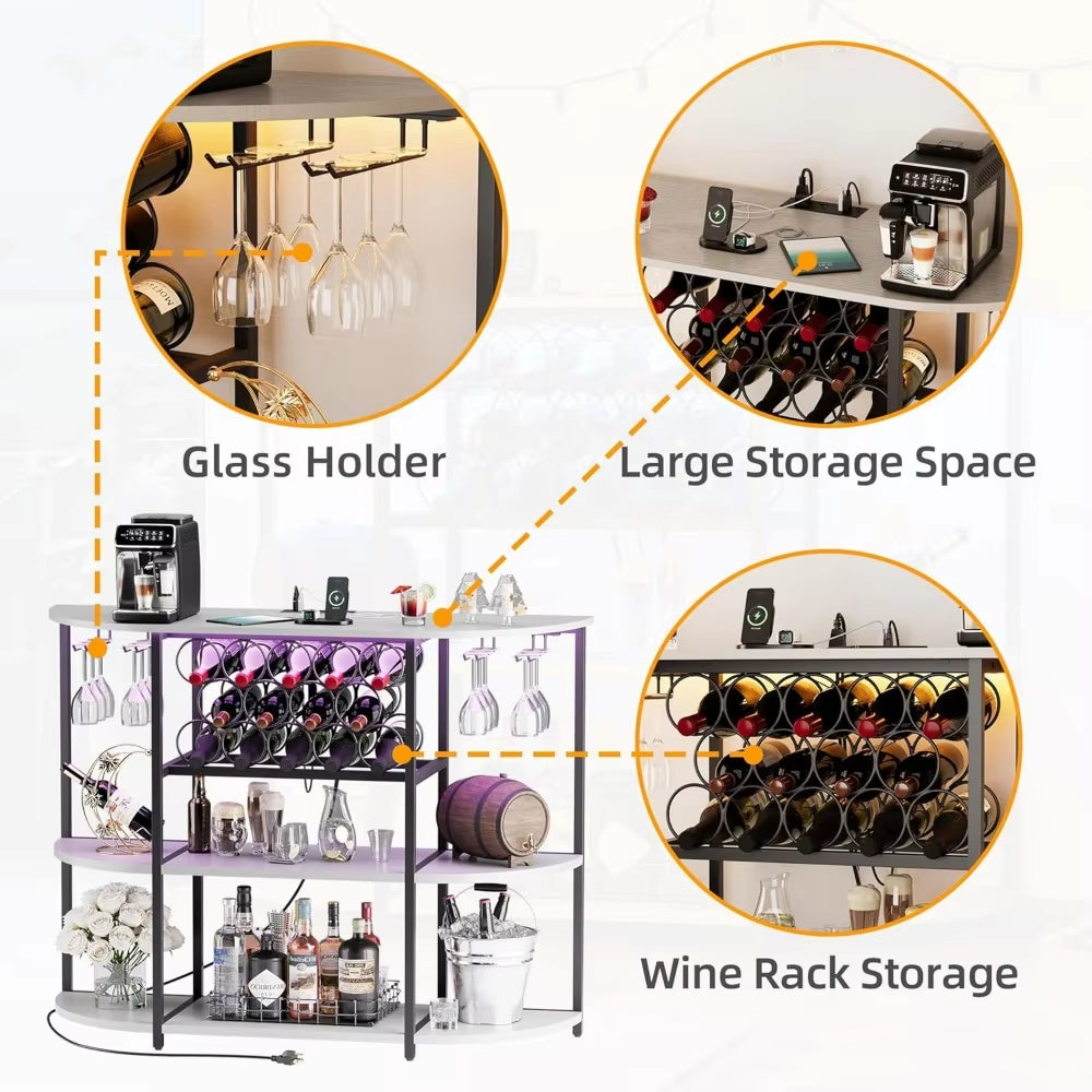 Wine Bar Cabinet with LED Lights and Power Outlets, Freestanding Coffee Liquor Bar Cabinet with Glass Holder