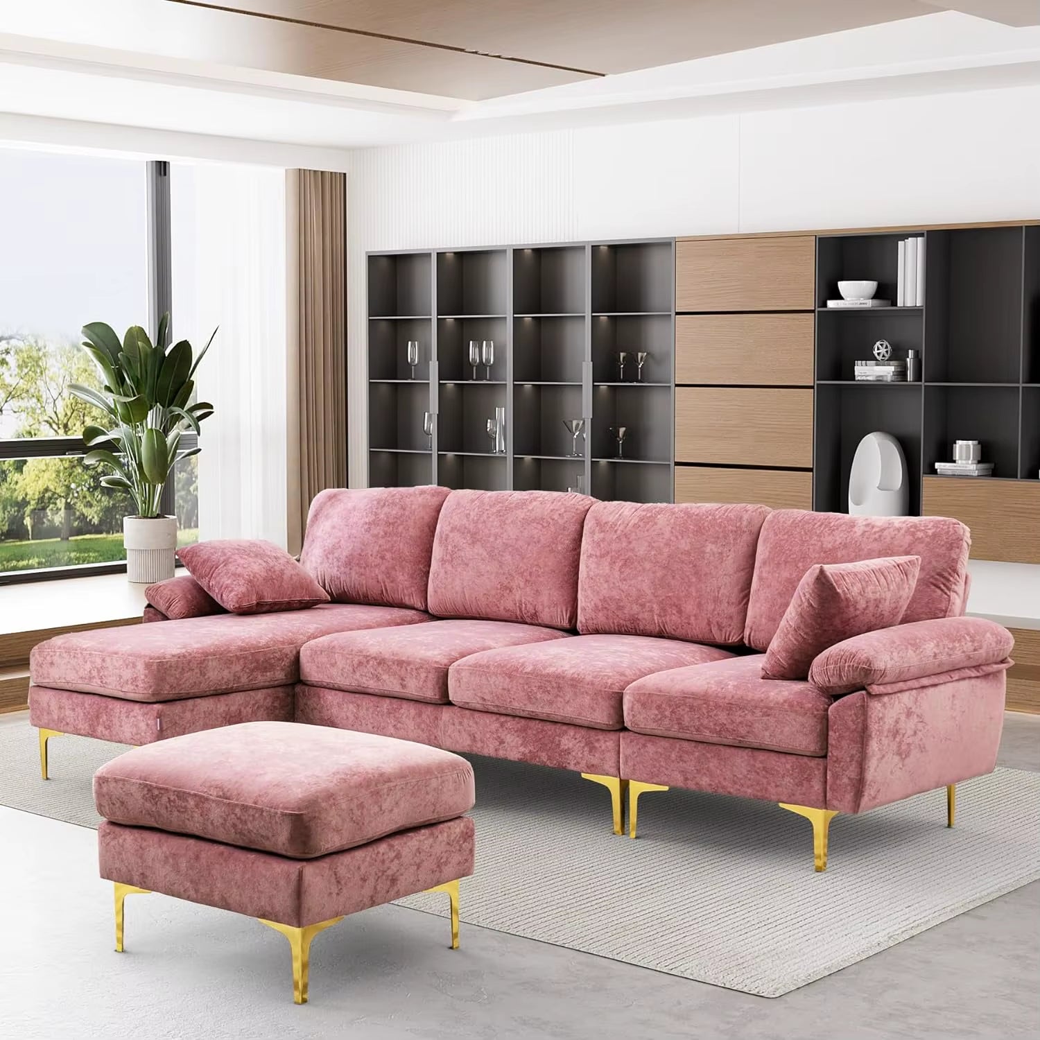 U-Shaped Sectional Sofa Couch, 4 Seat Sofa Set for Living Room, Convertible L-Shaped Velvet Couch Set