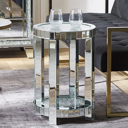 24" Tall round Table Corner Table Silver Side Table Glass Mirror End Table Accent Table Mirrored Diamond Crush Mirrors Furniture