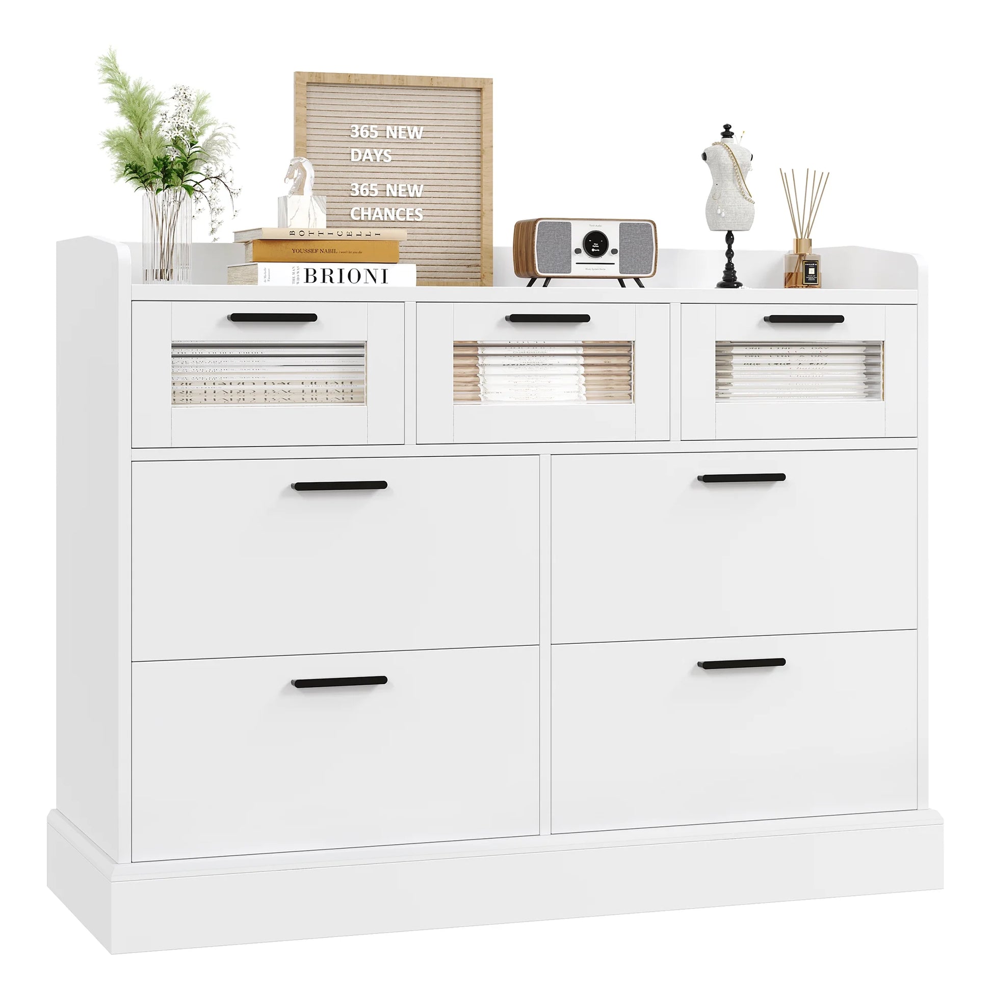 7 Drawer White Dresser for Bedroom, Glass Panel Wood Storage Cabinet for Living Room Dining Room