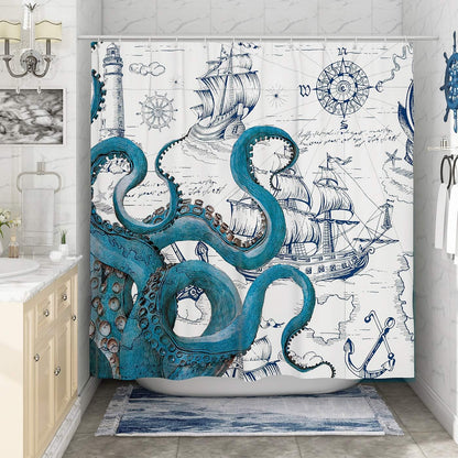 Blue Nautical Octopus Shower Curtain Set, Funny Ocean Kraken Shower Curtains for Bathroom, Beach Coastal Pirate Map Decor Polyester Fabric-72" X 72"