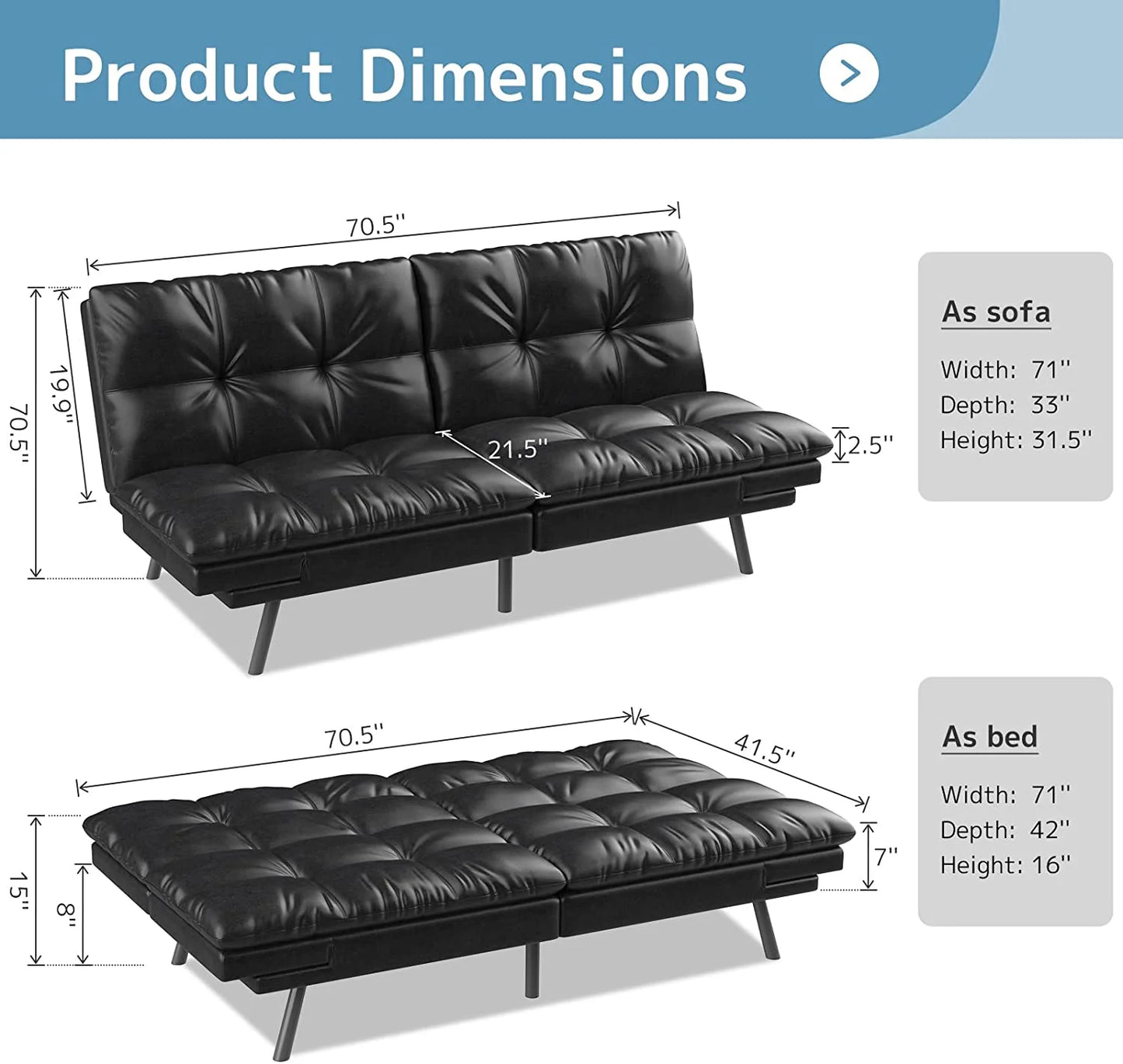 Convertible Futon Sofa Bed, Modern Sleeper Sofa, Black