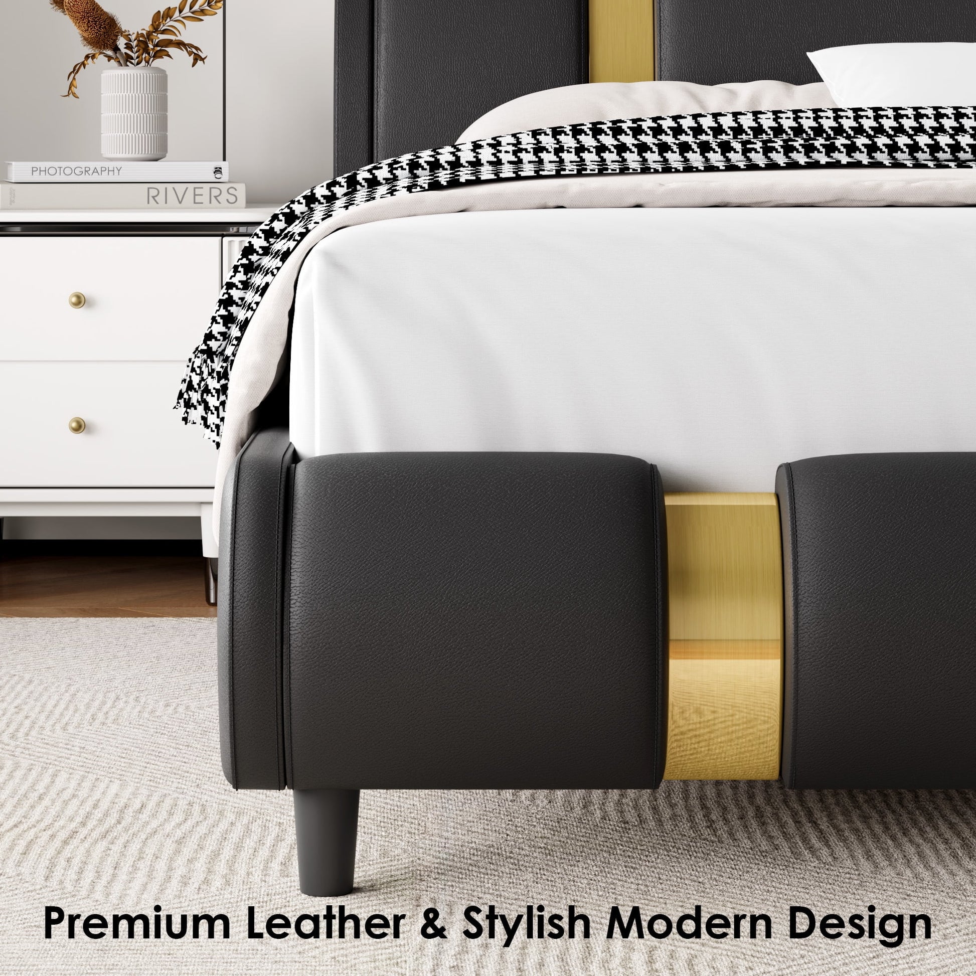 Queen Size Bed Frame, Modern Leather Upholstered Platform Bed Frame with Adjustable Headboard, Black & Gold