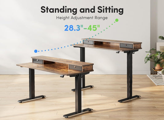 48 X 24 Inch Height Adjustable Electric Standing Desk with Double Drawer, Stand up Desk with Storage Shelf, Sit Stand Desk, Rustic Brown