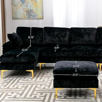 U-Shaped Sectional Sofa Couch, 4 Seat Sofa Set for Living Room, Convertible L-Shaped Velvet Couch Set