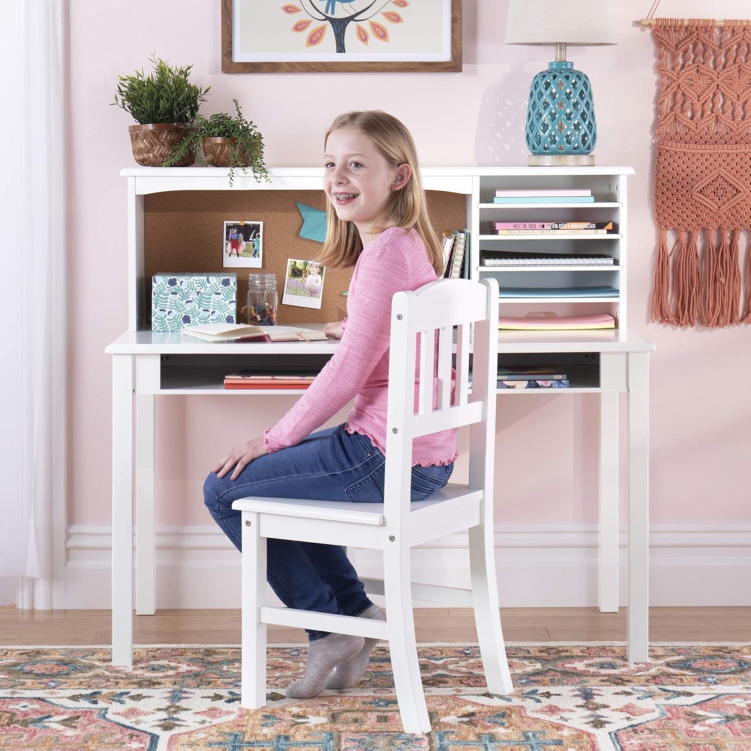 Kids Media Desk and Chair Set - White: Kids Writing Desk with Hutch and Storage Shelves, Computer Workstation with Corkboard, Wooden Desk Set for Boys and Girls