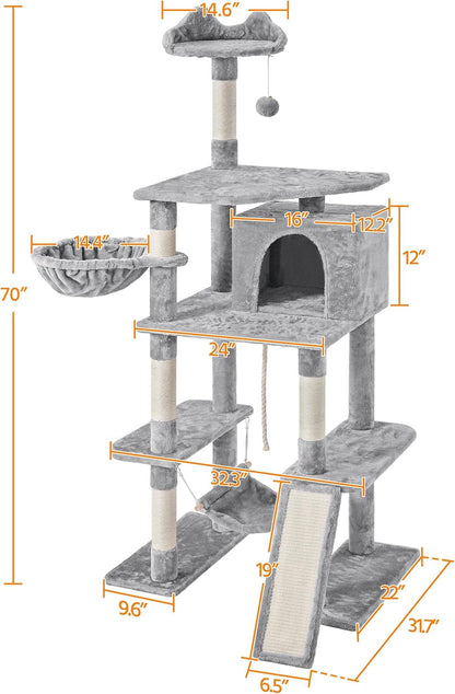 70 Inches Stable Cat Tree with Padded Platform, Replaceable Dangling Balls, Hammock, Basket and Condo, Cat Tower Furniture for Kittens, Cats and Pets