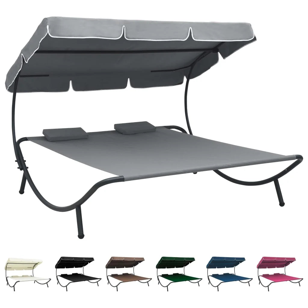 Outdoor Double Chaise Lounge Patio Lounge Bed with Canopy and Pillows