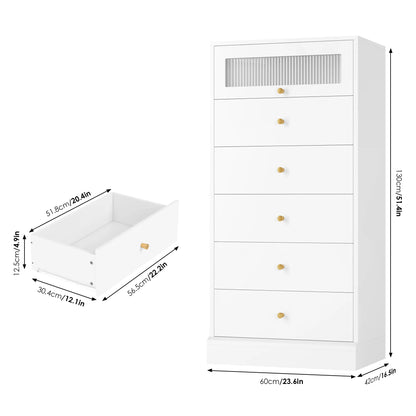 6 Drawer White Gold Dresser, 51.4" Tall Chest of Drawers with Glass Doors, Wood Storage Cabinet for Bedroom Living Room