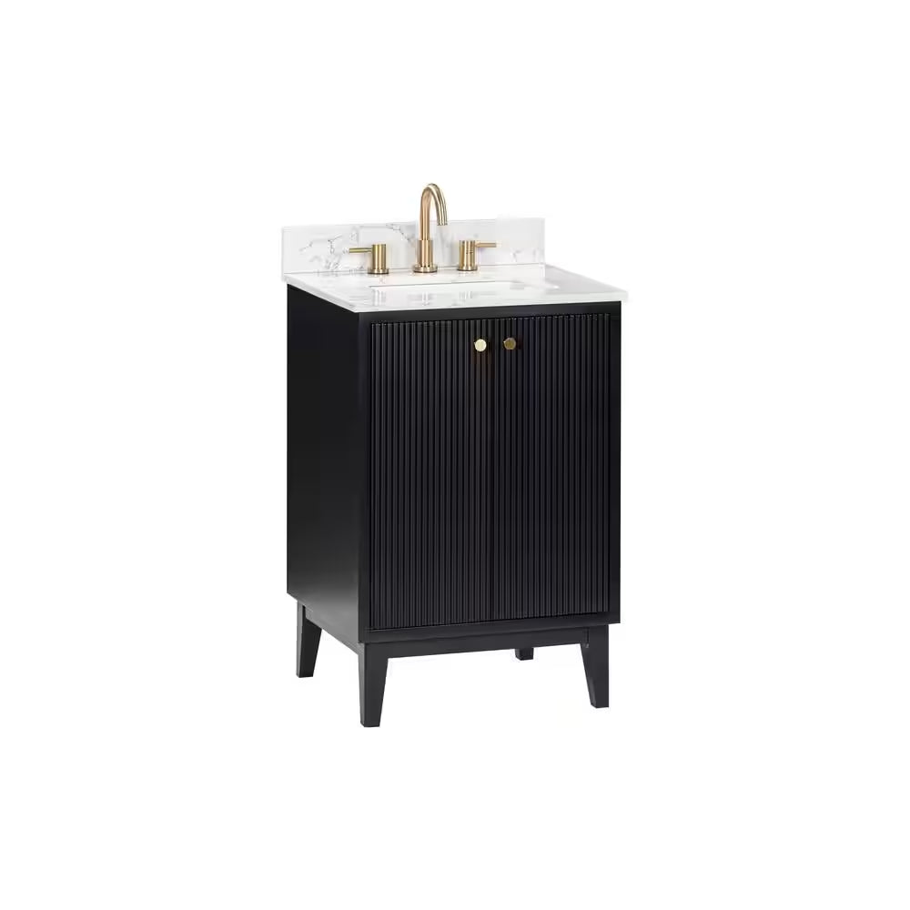 Sylvie 24 In. Single Sink Fluted Black Bath Vanity with Carrara Venato Engineered Stone Top (Assembled)