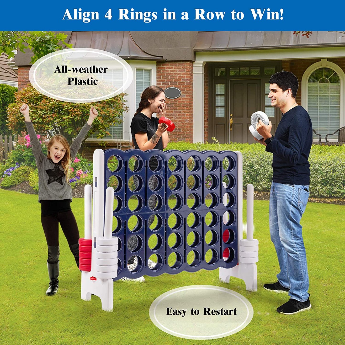 Jumbo 4-To-Score Giant Game Set, 4 in a Row for Kids and Adults, 3.5FT Tall Indoor & Outdoor Game Set with 42 Jumbo Rings & Quick-Release Slider, Perfect for Holiday Party & Family Game