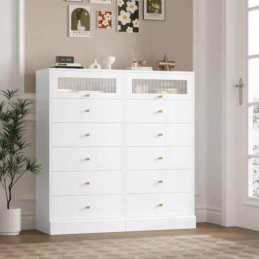 6 Drawer White Gold Dresser, 51.4" Tall Chest of Drawers with Glass Doors, Wood Storage Cabinet for Bedroom Living Room