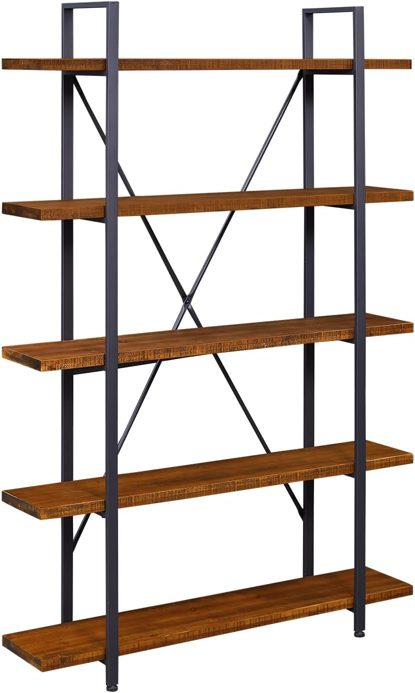 Natural Real Wood Bookcase, 5 Tier Industrial Rustic Vintage Etagere Bookshelf, Open Metal Farmhouse Solid Wooden Book Shelf, Distressed Brown