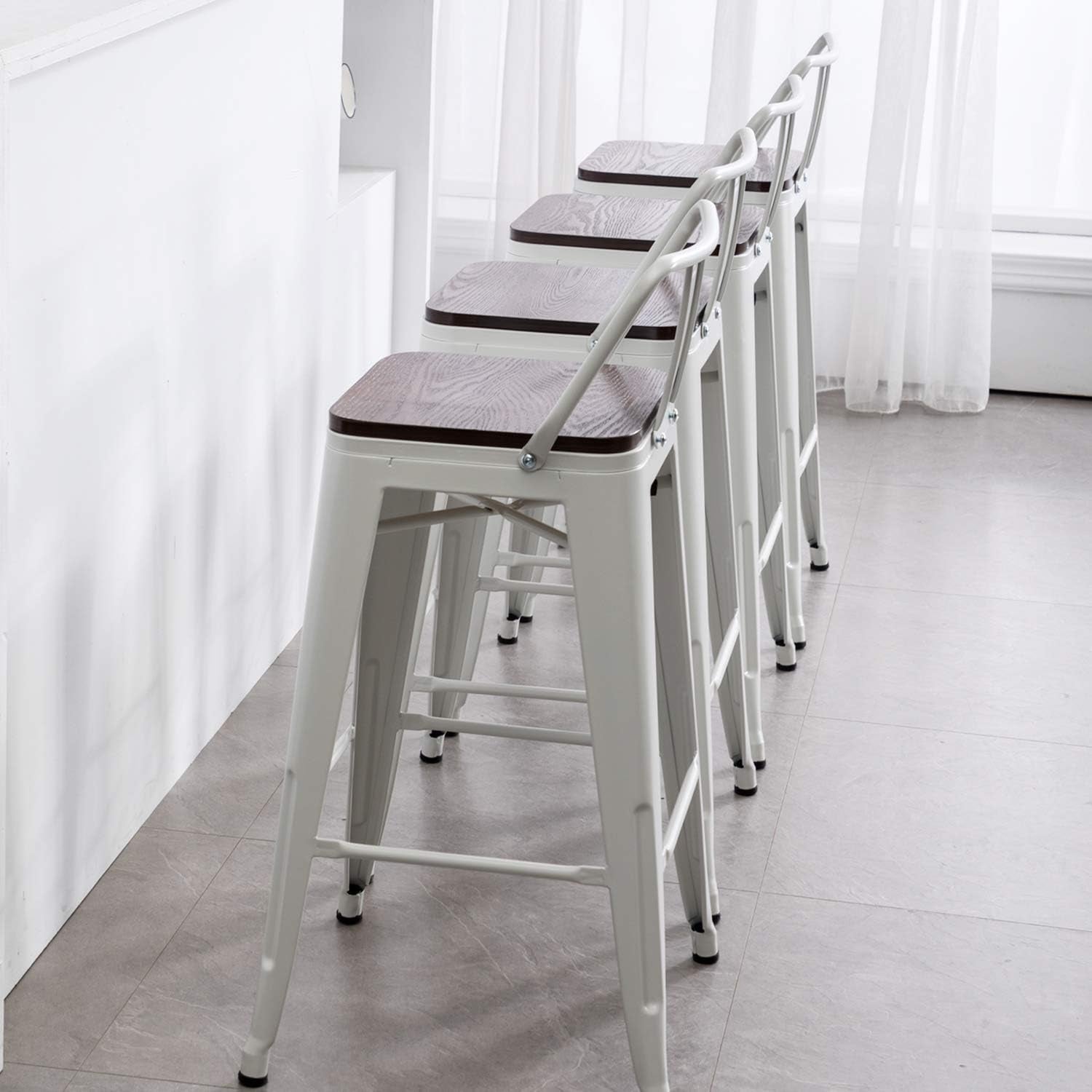 Modern Industrial Metal Barstool Counter Height Stools [Set of 4] Dining Chair (26", Low Back White Wooden Seat)