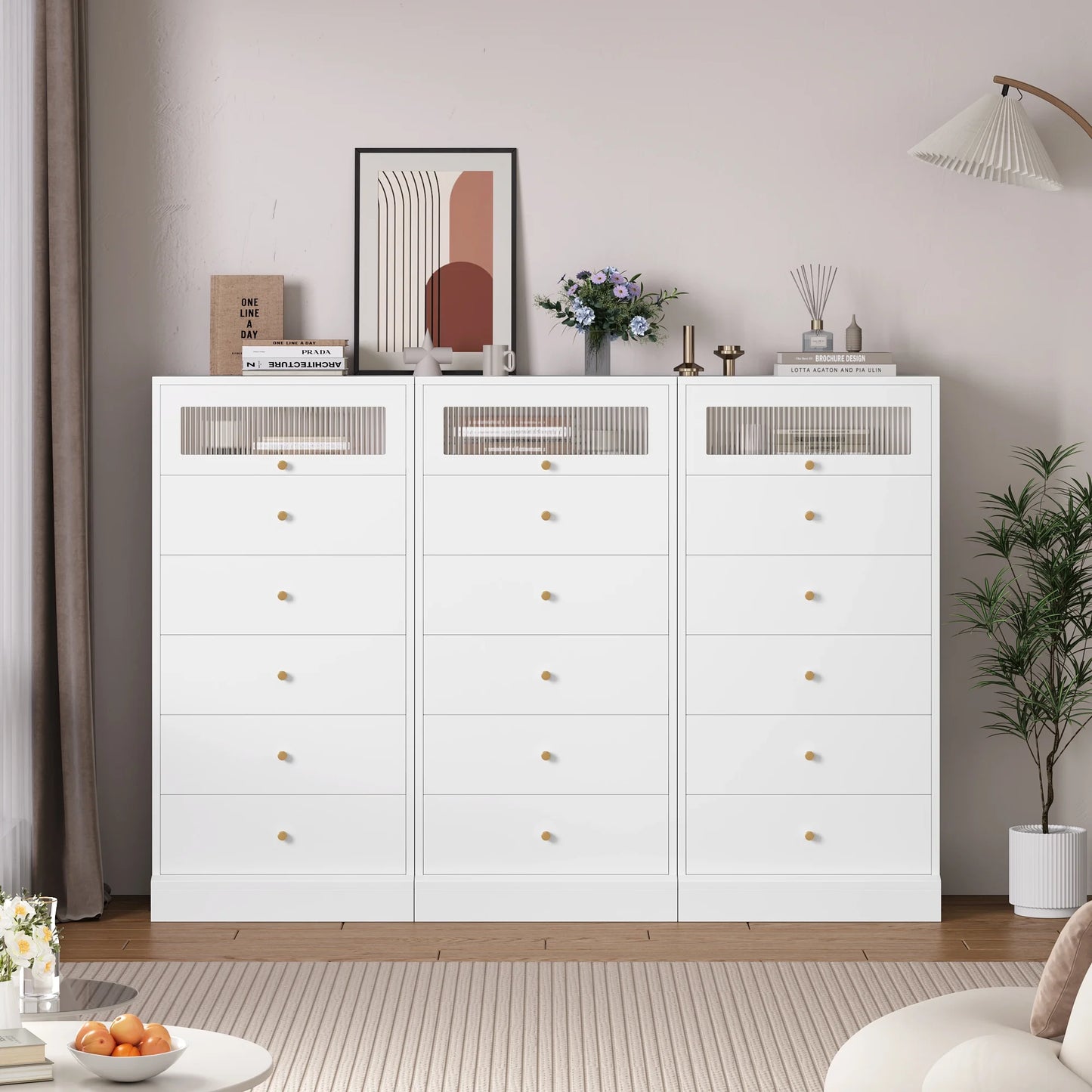 6 Drawer White Gold Dresser, 51.4" Tall Chest of Drawers with Glass Doors, Wood Storage Cabinet for Bedroom Living Room