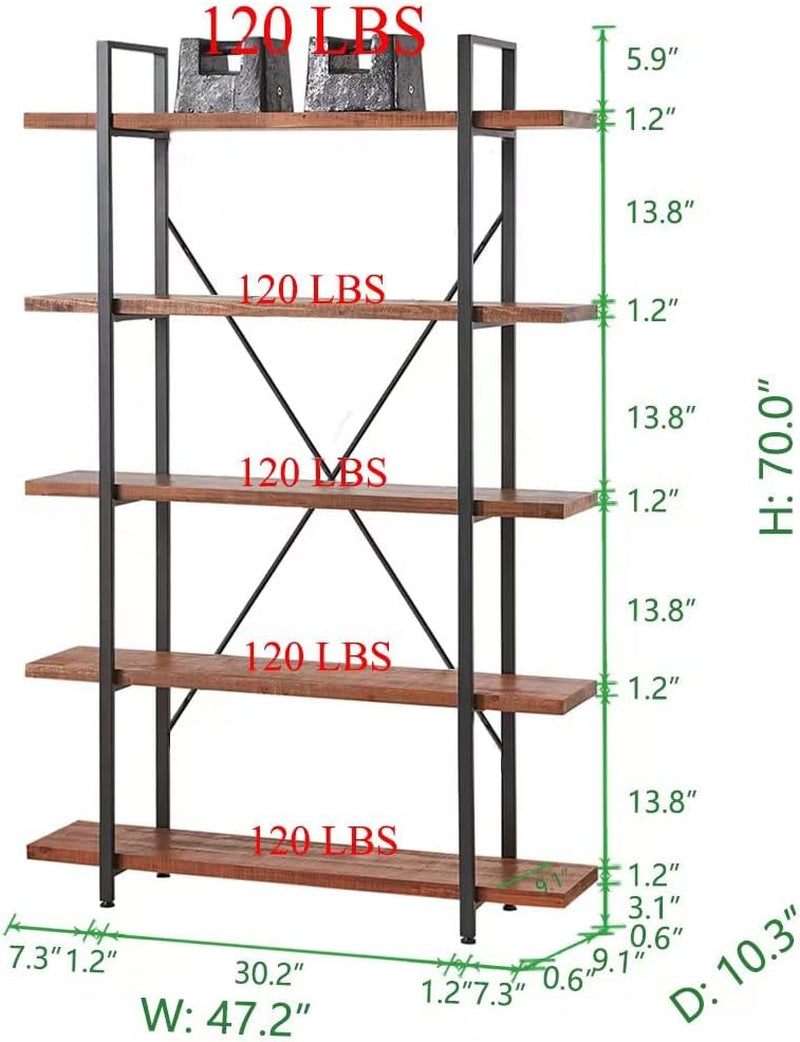 Natural Real Wood Bookcase, 5 Tier Industrial Rustic Vintage Etagere Bookshelf, Open Metal Farmhouse Solid Wooden Book Shelf, Distressed Brown