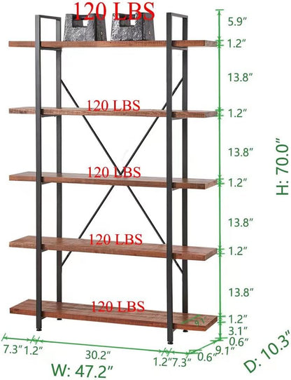 Natural Real Wood Bookcase, 5 Tier Industrial Rustic Vintage Etagere Bookshelf, Open Metal Farmhouse Solid Wooden Book Shelf, Distressed Brown