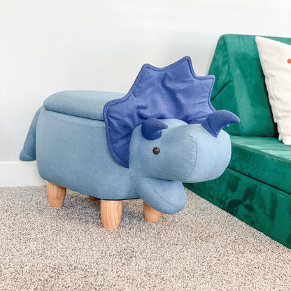 15-In. Seat Height Blue Triceratops Dinosaur Animal Shape Storage Ottoman Furniture for Nursery, Bedroom, Playroom, Living Room Decor