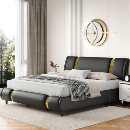 Queen Size Bed Frame, Modern Leather Upholstered Platform Bed Frame with Adjustable Headboard, Black & Gold