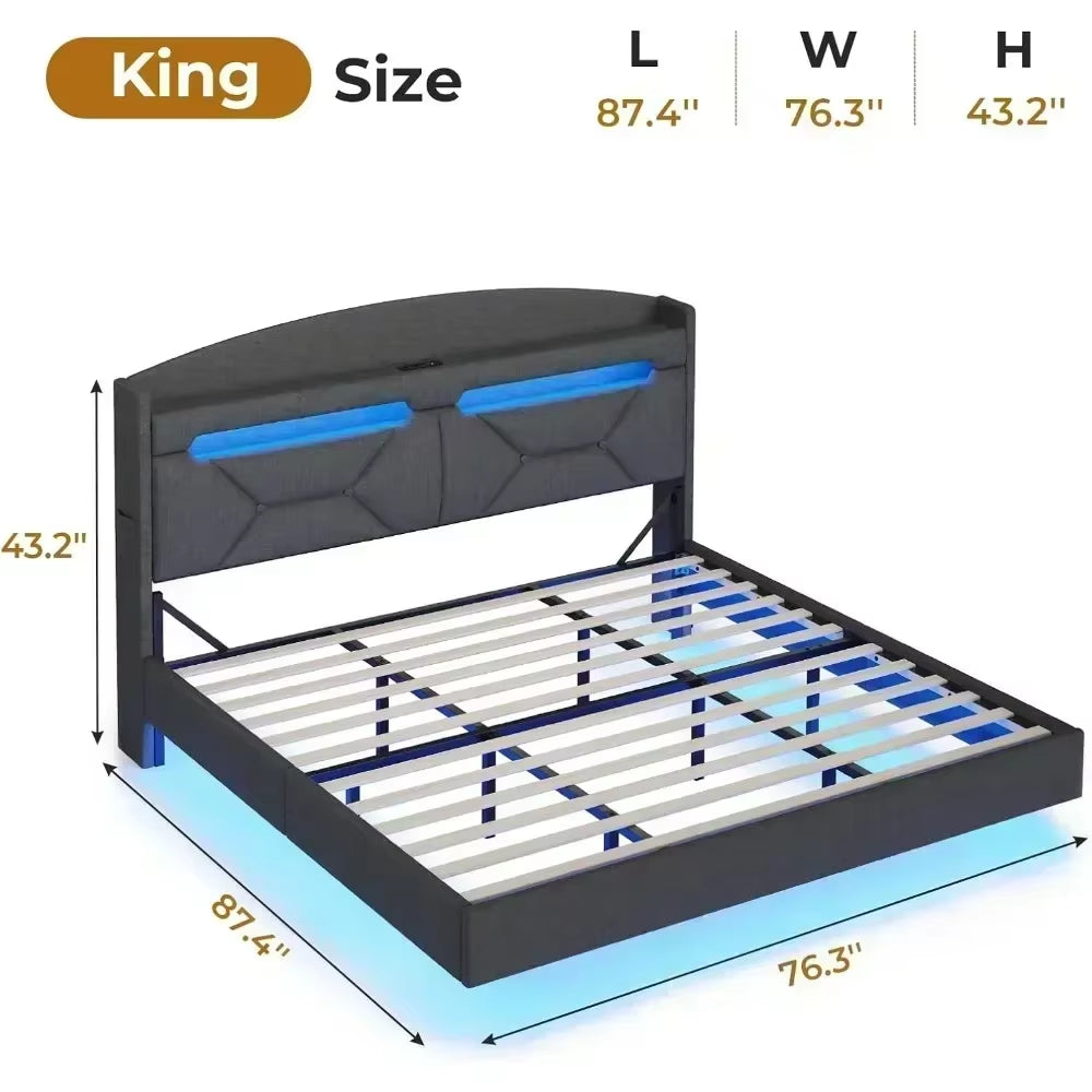 Bed Frame with Type-C Charging Station& Hidden Storage Headboard RGB Floating Platform Bed Bed Frame