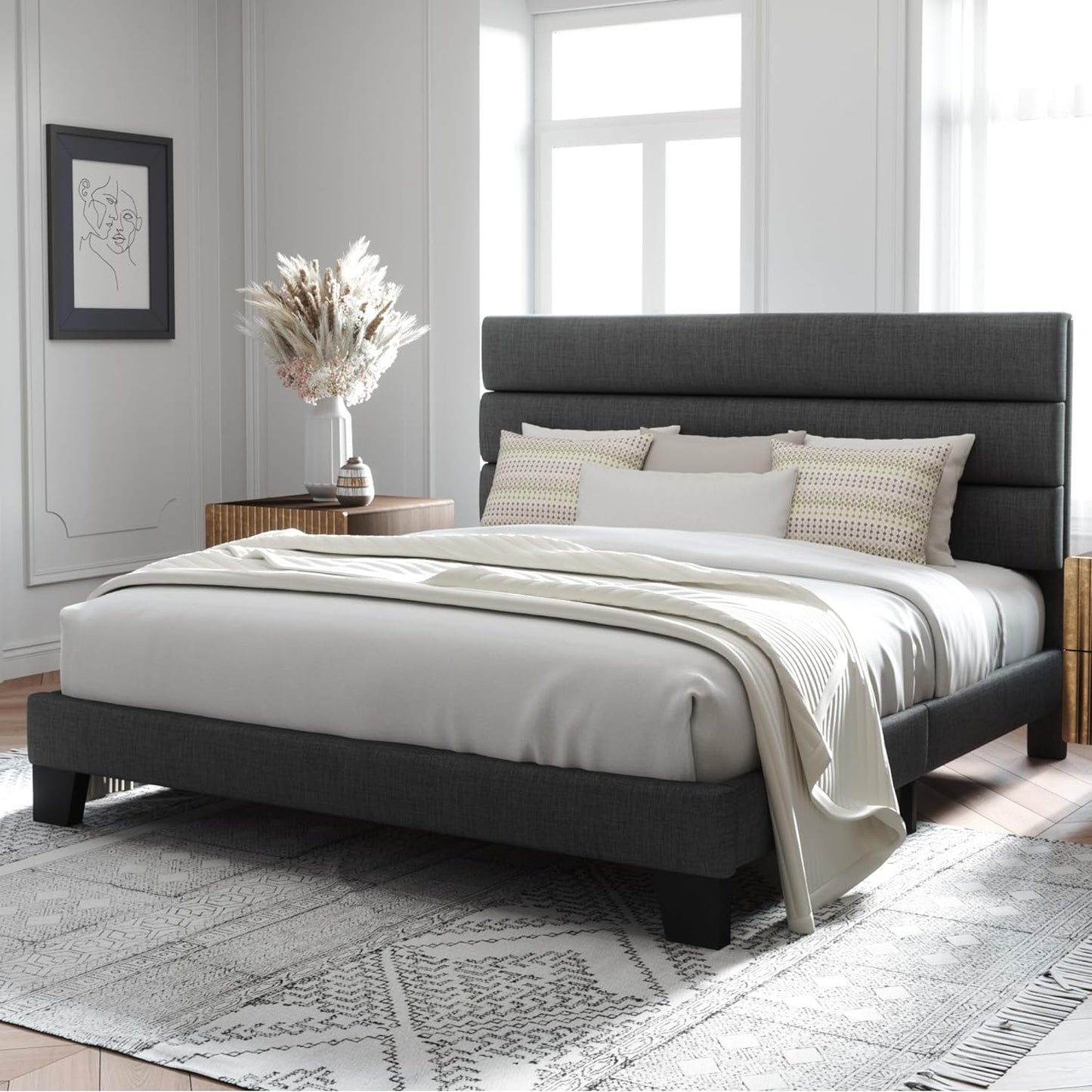 King Bed Frame Platform Bed with Fabric Upholstered Headboard and Wooden Slats Support, Fully Upholstered Mattress Foundation/No Box Spring Needed/Easy Assembly, Dark Grey