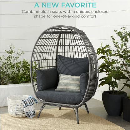 Wicker Egg Chair Oversized Indoor Outdoor Patio Lounger W/ 440Lb Capacity - Gray/Charcoal