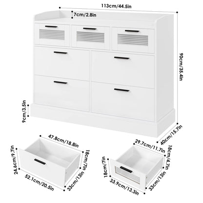 7 Drawer White Dresser for Bedroom, Glass Panel Wood Storage Cabinet for Living Room Dining Room