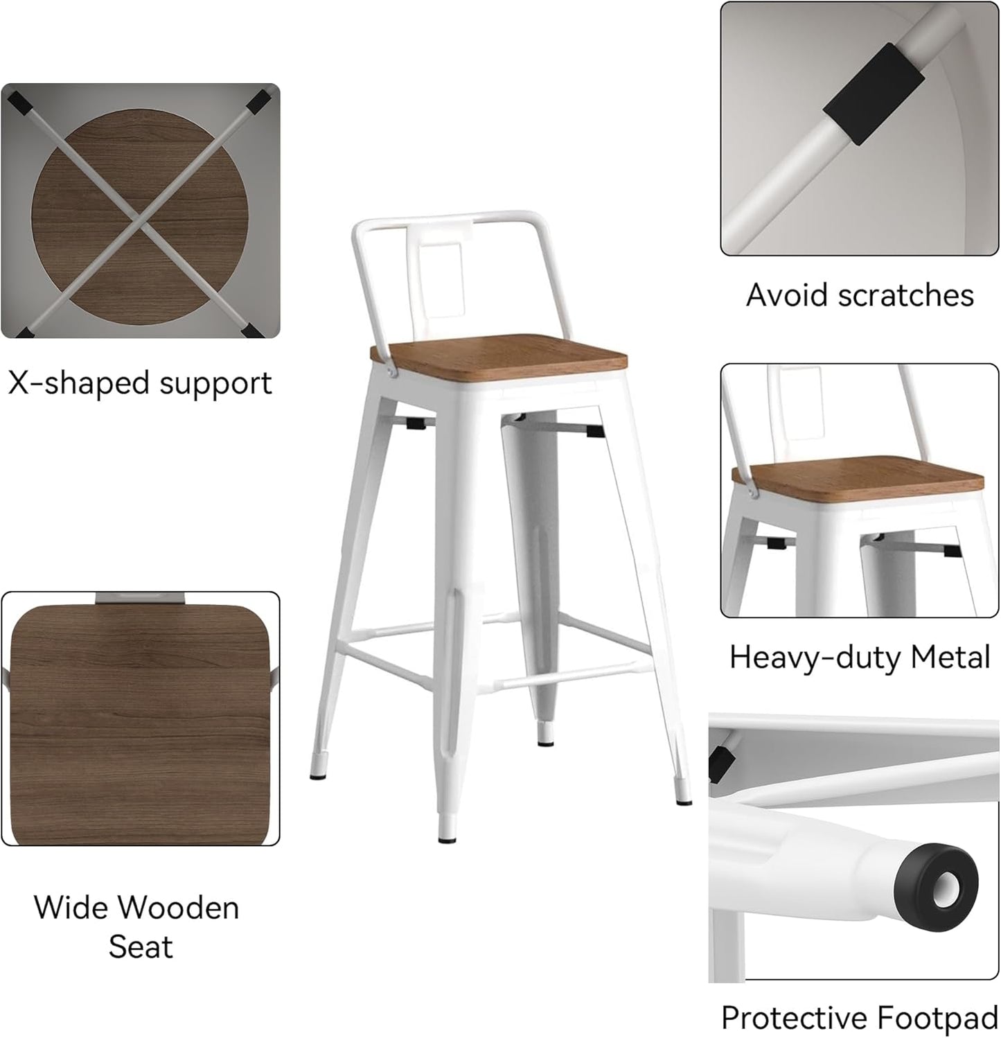 Modern Industrial Metal Barstool Counter Height Stools [Set of 4] Dining Chair (26", Low Back White Wooden Seat)