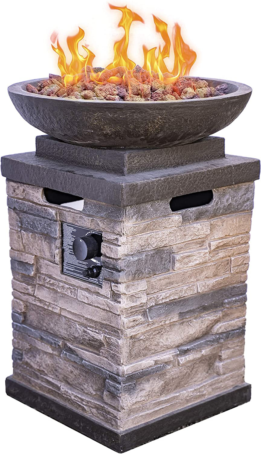 Manufacturing 63172 Newcastle Propane Firebowl Column Realistic Look Firepit Heater Lava Rock 40,000 BTU Outdoor Gas Fire Pit 20 Lb, Pack of 1, Natural Stone