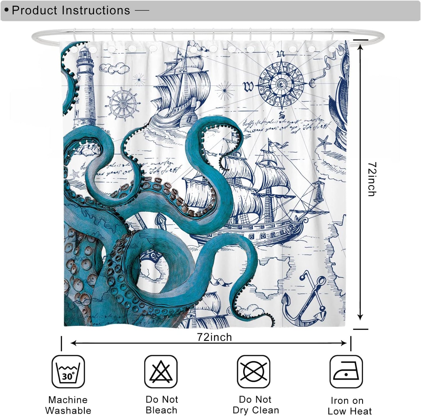 Blue Nautical Octopus Shower Curtain Set, Funny Ocean Kraken Shower Curtains for Bathroom, Beach Coastal Pirate Map Decor Polyester Fabric-72" X 72"