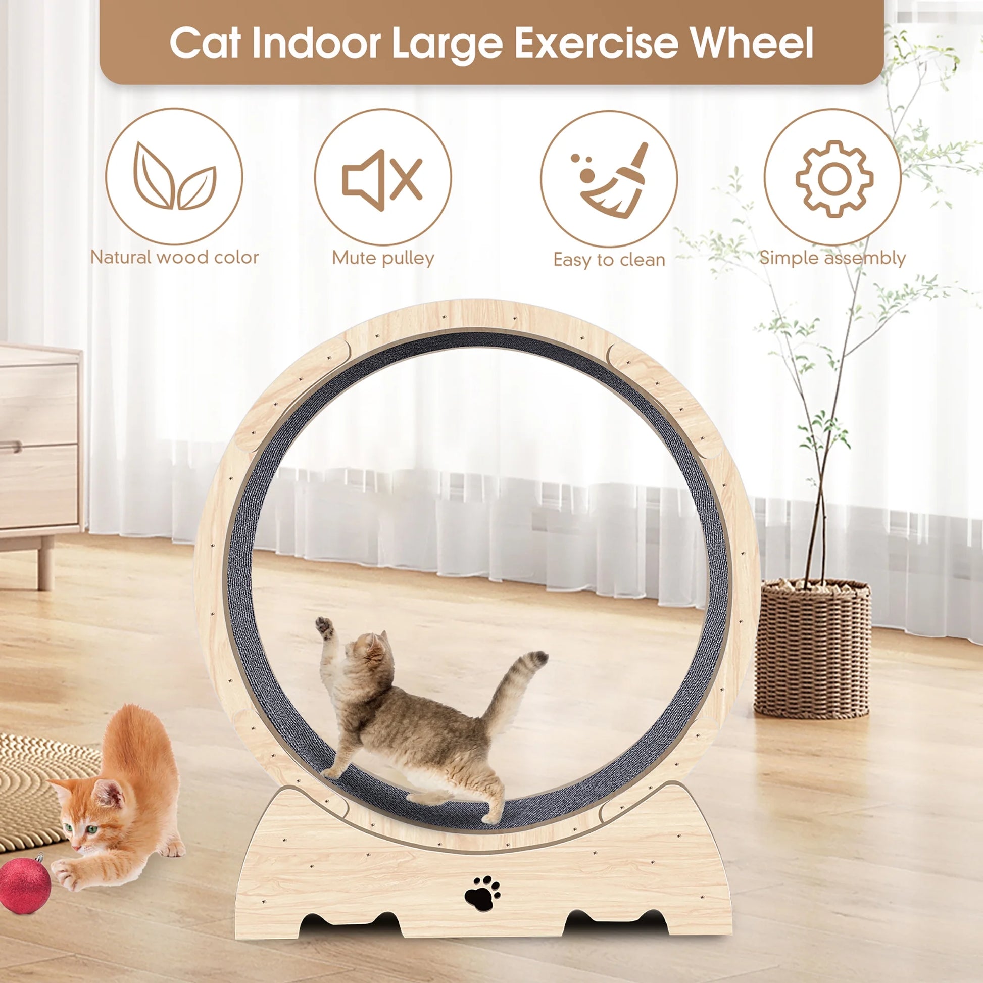 Cat Exercise Wheel, Cat Treadmill Wheel with Carpeted Runway for Daily Exercise, 37" Natural Wood Color