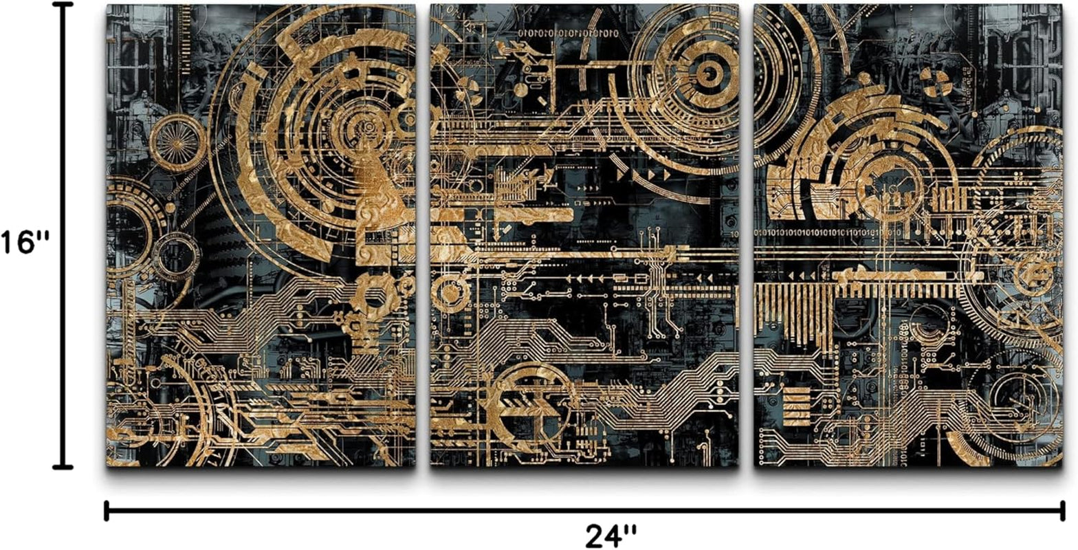 Canvas Print Wall Art Set Electronic PC Motherboard Circuit Collage Abstract Technology Digital Art Modern Art Alternative Urban Shapes for Living Room, Bedroom, Office - 16"X24"X3