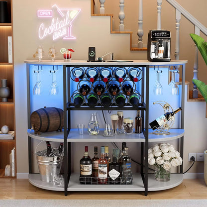 Wine Bar Cabinet with LED Lights and Power Outlets, Freestanding Coffee Liquor Bar Cabinet with Glass Holder