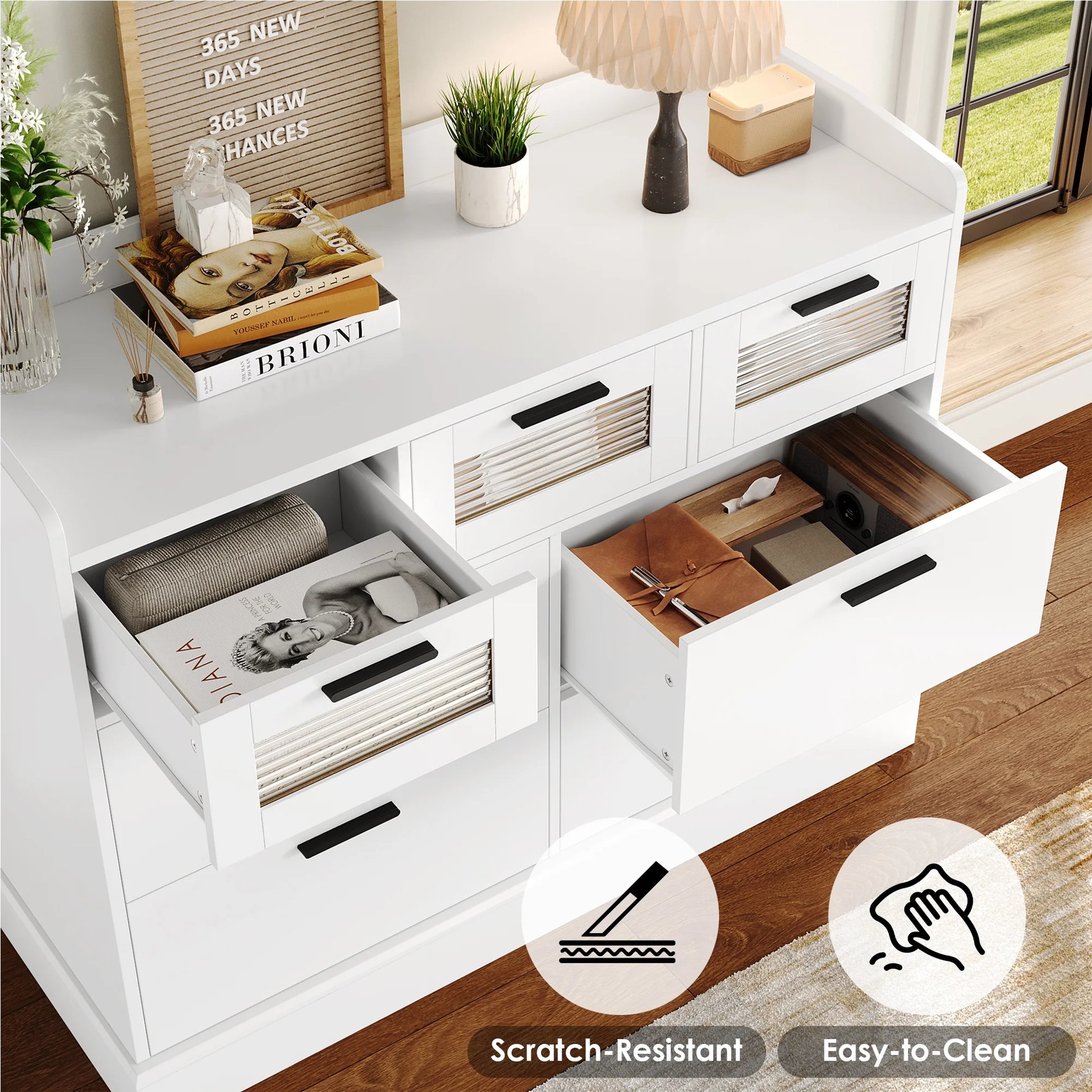 7 Drawer White Dresser for Bedroom, Glass Panel Wood Storage Cabinet for Living Room Dining Room