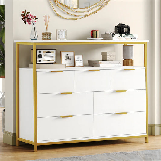 7 Drawer Dresser for Bedroom, Modern Sturdy Metal Frame Wood Storage Cabinet with Display Shelf for Living Room, White Gold