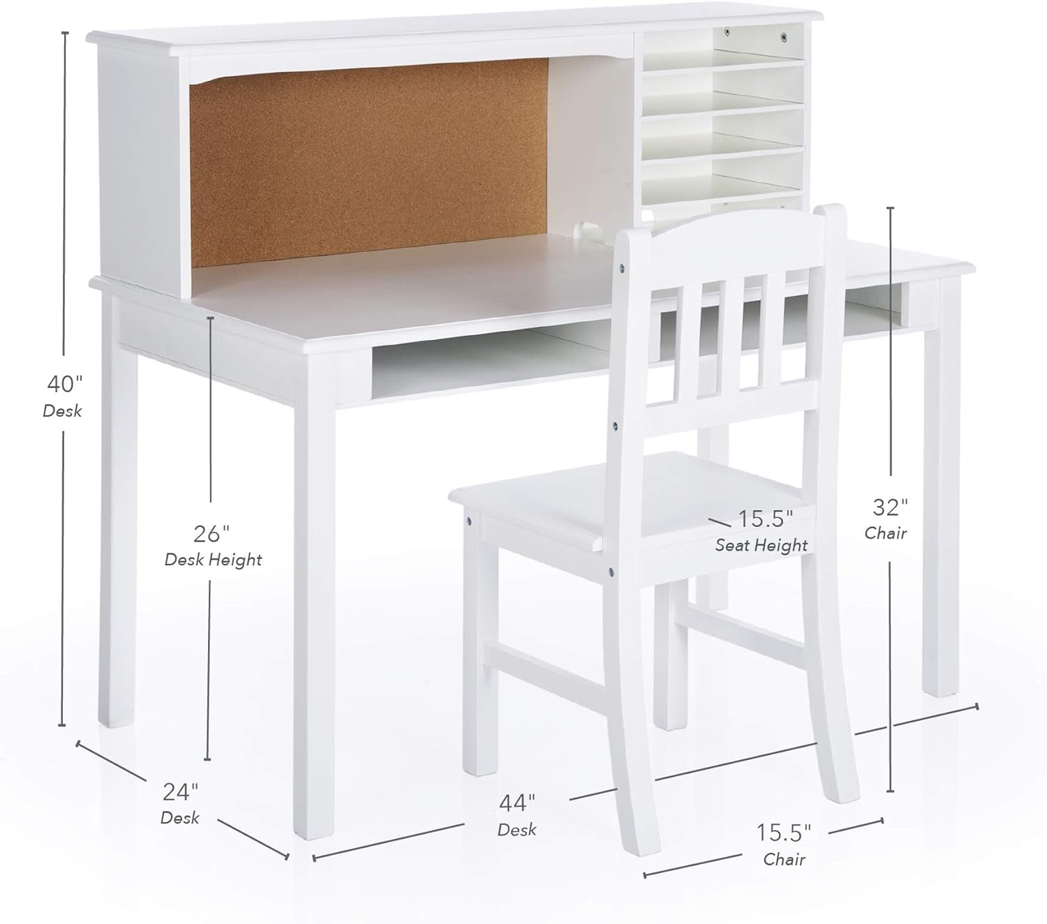 Kids Media Desk and Chair Set - White: Kids Writing Desk with Hutch and Storage Shelves, Computer Workstation with Corkboard, Wooden Desk Set for Boys and Girls