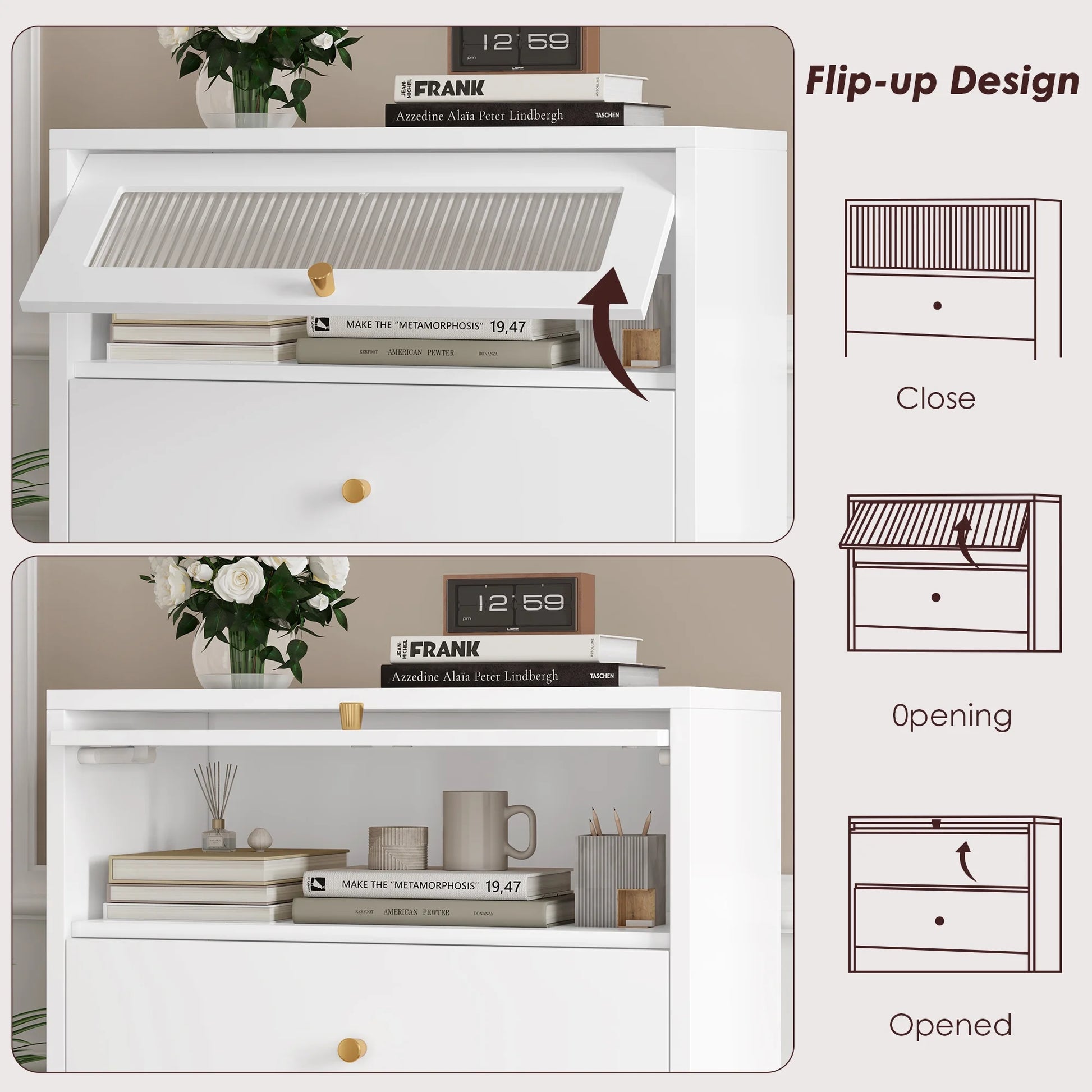 6 Drawer White Gold Dresser, 51.4" Tall Chest of Drawers with Glass Doors, Wood Storage Cabinet for Bedroom Living Room