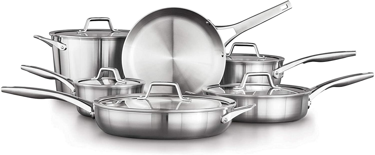 Stainless Steel Kitchen Cookware, 11-Piece Pots and Pans Set with Stay-Cool Handles, Dishwasher & Oven Safe, Silver