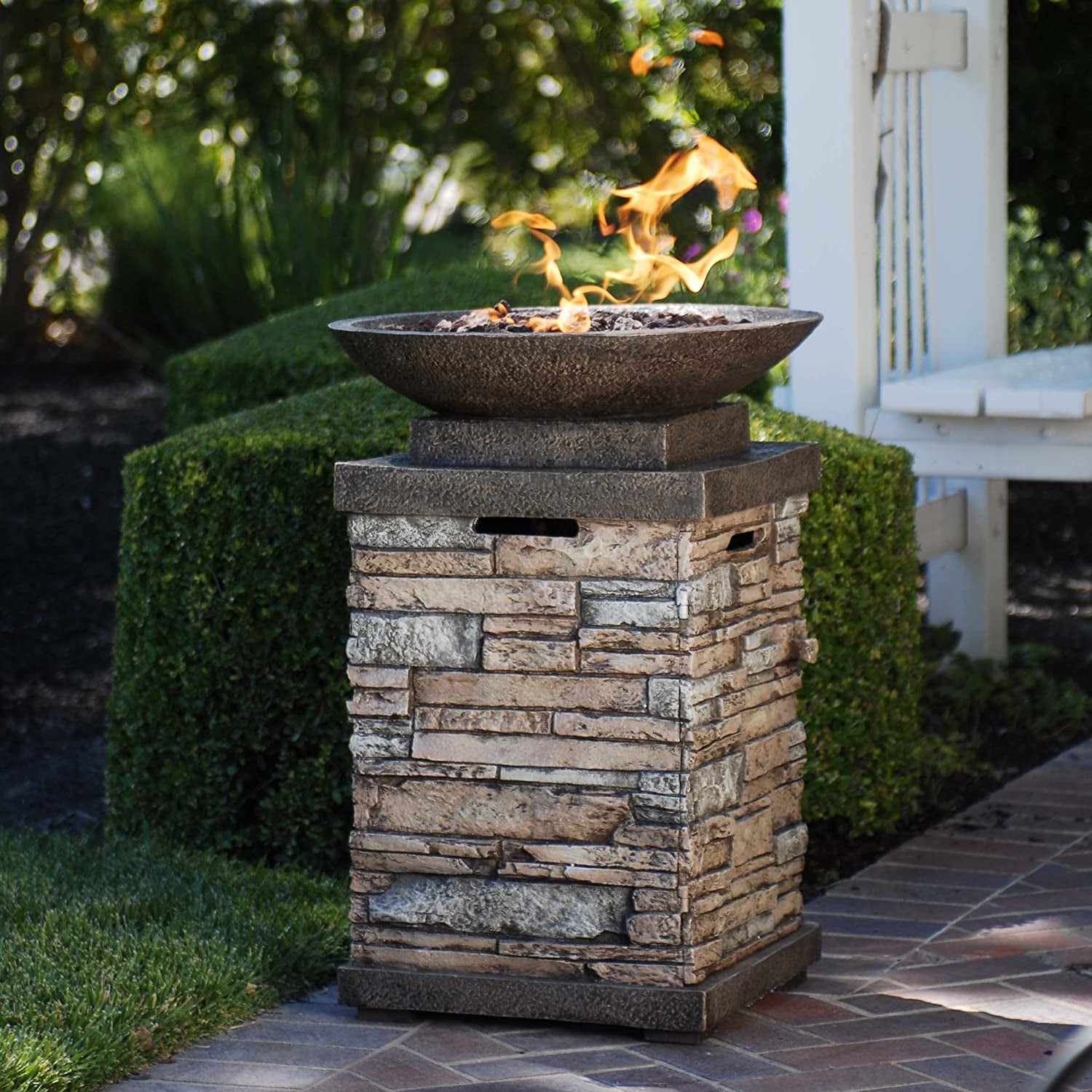 Manufacturing 63172 Newcastle Propane Firebowl Column Realistic Look Firepit Heater Lava Rock 40,000 BTU Outdoor Gas Fire Pit 20 Lb, Pack of 1, Natural Stone