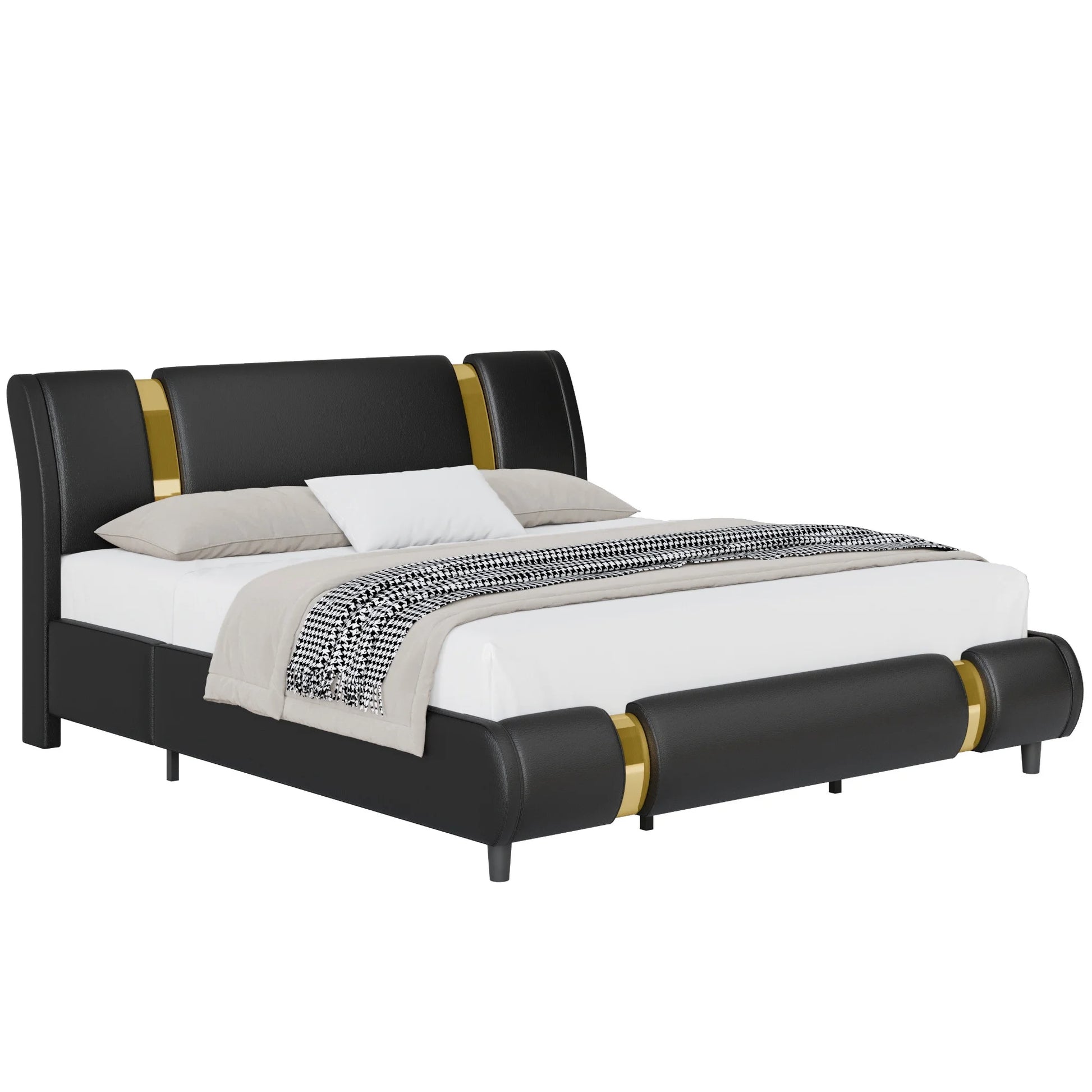 Queen Size Bed Frame, Modern Leather Upholstered Platform Bed Frame with Adjustable Headboard, Black & Gold