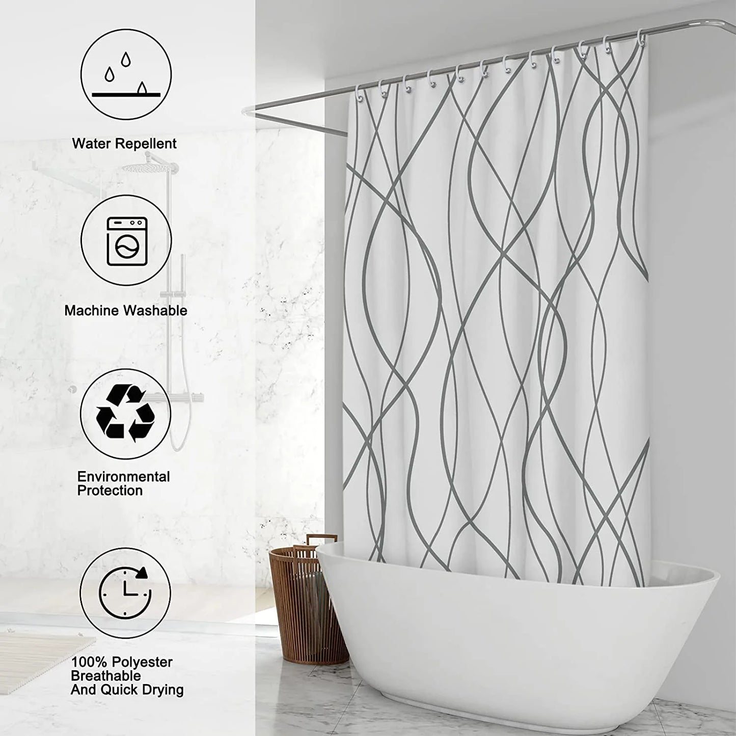 Grey and White Striped Fabric Shower Curtain for Bathroom with 12 Hooks, Shower Curtains for Bathroom 72 Inches Long, Waterproof Bath Accessories Hotel Style - Machine Washable